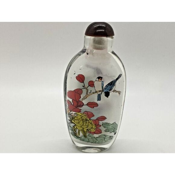 Antique Chinese Snuff Bottle Reverse Glass Painted Birds trees - Picture 2 of 12